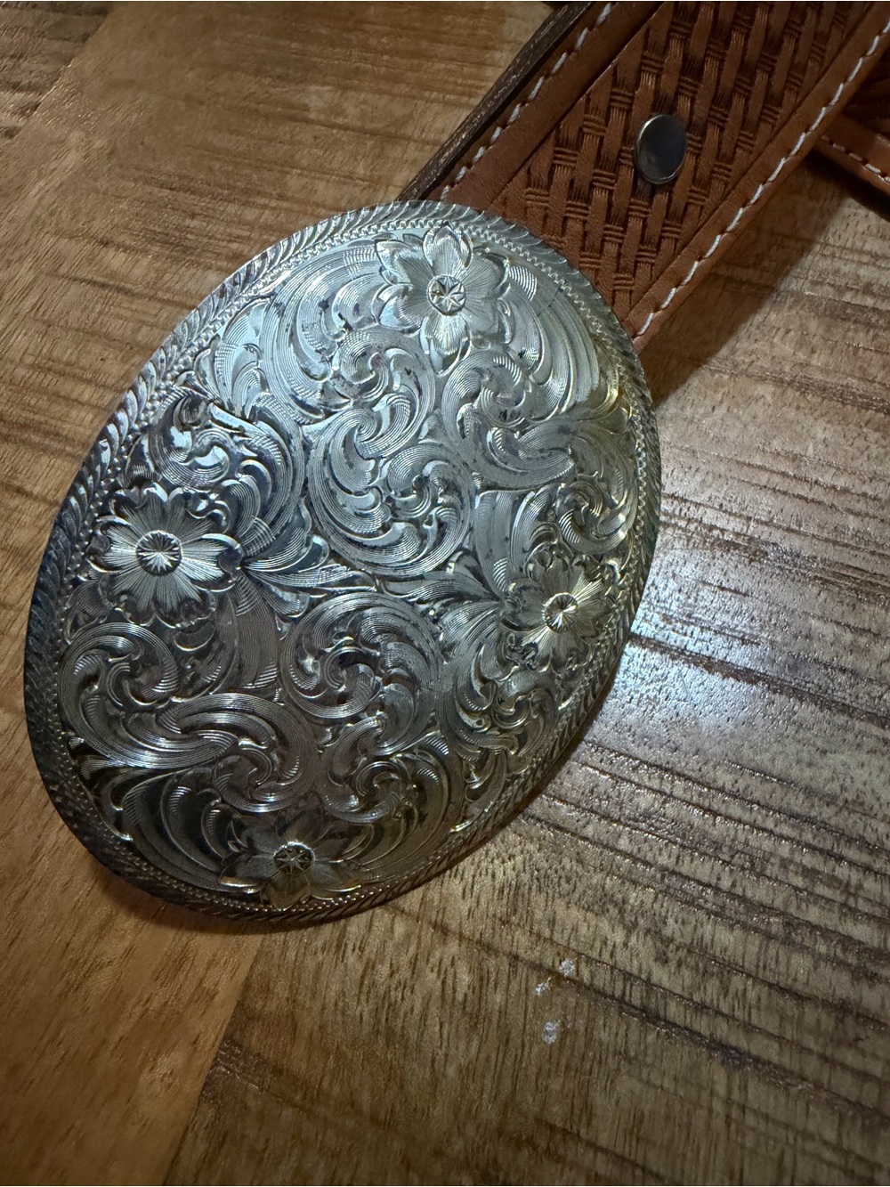 Vintage Montana Silversmiths Silver Plate Buckle Tooled Leather Belt 36” Western - Picture 3 of 16
